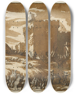 Triptych art skateboard deck of Jacques Callot An Army Leaving A Castle by Jacques Callot (1592-1635)