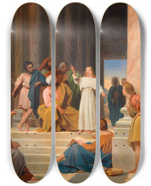 Triptych art skateboard deck of Michelmartin Drolling Jesus Among The Doctors by Michel-Martin Drolling (1786-1851)
