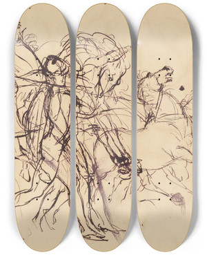 Triptych art skateboard deck of Eugne Delacroix Charioteers Recto And Verso by Eugene Delacroix (1798-1863)