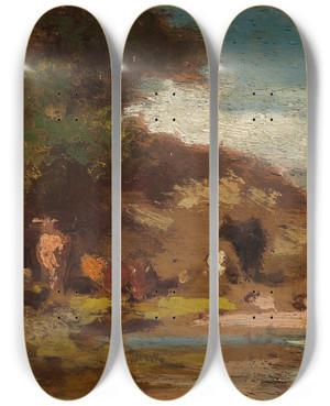 Triptych art skateboard deck of Carl Spitzweg Landschaft Mit Khen by Carl Spitzweg (1808-1880)