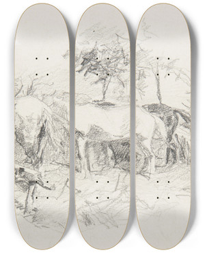 Triptych art skateboard deck of Ivan Ivanec Szkic Trzech Pascych Si Koni by Ivan Ivanec (1893-1946)