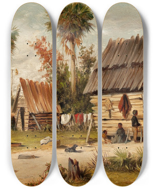 Triptych art skateboard deck of William Aiken Walker Cabin Scene_3 by William Aiken Walker (1838-1921)