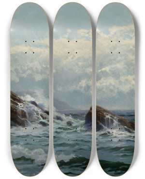 Triptych art skateboard deck of Alfred Thompson Bricher Crashing Waves by Alfred Thompson Bricher (1837-1908)