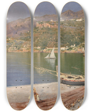 Triptych art skateboard deck of Pietro Scoppetta Fixing The Nets Maiori by Pietro Scoppetta (1863-1920)