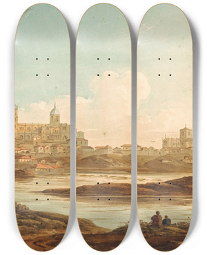 Triptych art skateboard deck of John Varley City On A River by John Varley (1778-1842)