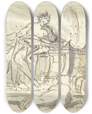 Triptych art skateboard deck of Paul Egell Pluto Mit Dem Zweizack Auf Einem Thron by Paul Egell (1691-1752)