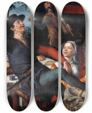Triptych art skateboard deck of Pieter Aertsen The Egg Dance by Pieter Aertsen (1508-1575)