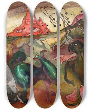Triptych art skateboard deck of Stanisaw Ignacy Witkiewicz Selfportrait With A Pipe by Stanislaw Ignacy Witkiewicz (1885-1939)
