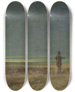 Triptych art skateboard deck of Carl Spitzweg Flachlandschaft Mit Vogelscheuche by Carl Spitzweg (1808-1880)