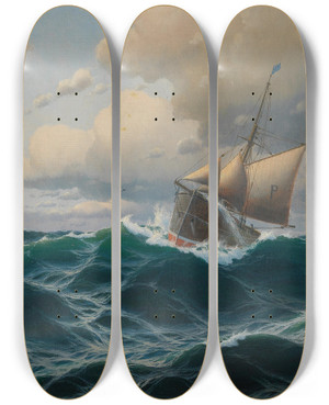 Triptych art skateboard deck of Max Jensen Schiff Auf Hoher See by Max Jensen (1860-1907)