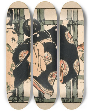 Triptych art skateboard deck of Helen Hyde Bamboo Gate by Helen Hyde (1868-1919)