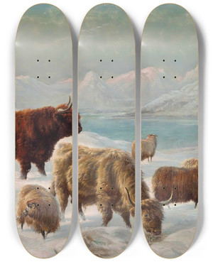 Triptych art skateboard deck of Charles Jones Winter In The Highlands by Charles Jones (1836-1892)