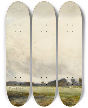 Triptych art skateboard deck of Henry Andrew Harper Sheep Grazing By The Coast by Henry Andrew Harper (1835-1900)