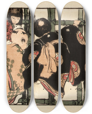 Triptych art skateboard deck of Helen Hyde The Bamboo Fence by Helen Hyde (1868-1919)