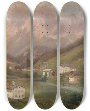 Triptych art skateboard deck of Ferdinand Lepie Dorf In Den Alpen by Ferdinand Lepie (1824-1883)