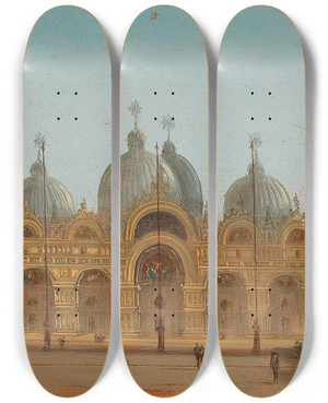 Triptych art skateboard deck of August Von Siegen Venice St Marks Square And St Marks Basilica by August Von Siegen (1850-1910)