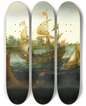 Triptych art skateboard deck of Aert Anthonisz Ships Off Ijsselmonde by Aert Anthonisz (1579-1620)