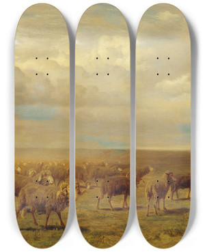 Triptych art skateboard deck of Gustav Ranzoni Schafherde In Der Puszta by Gustav Ranzoni (1826-1900)