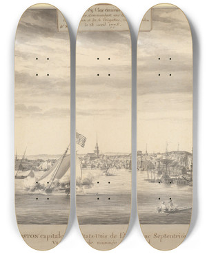 Triptych art skateboard deck of Pierre Ozanne Boston Harbor by Pierre Ozanne (1737-1813)