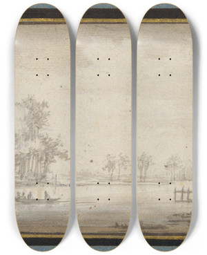 Triptych art skateboard deck of David Colijns River With House And Rowboat by David Colijns (1582-1666)