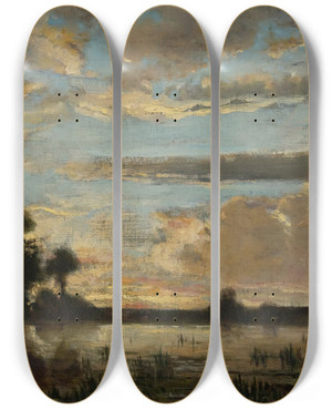 Triptych art skateboard deck of Thodore Rousseau Soleil Couchant by Theodore Rousseau (1812-1867)