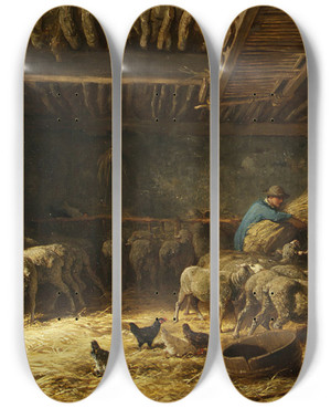 Triptych art skateboard deck of Charles Emile Jacque The Sheepfold by Charles Emile Jacque (1813-1894)