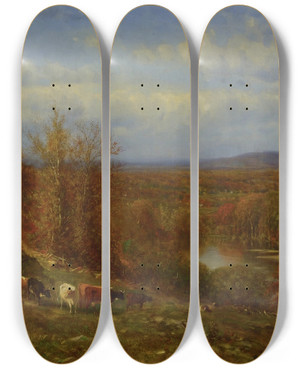 Triptych art skateboard deck of James Mcdougal Hart Autumn Landscape by James Mcdougal Hart (1828-1901)