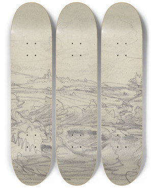 Triptych art skateboard deck of Anton Burger Hill Landscape With Castle by Anton Burger (1824-1905)