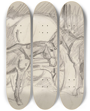 Triptych art skateboard deck of Ivan Ivanec Dwa Konie Stojce Przed Wozem Szkic by Ivan Ivanec (1893-1946)