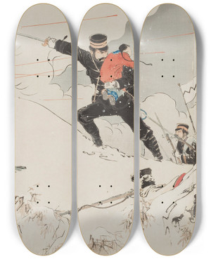 Triptych art skateboard deck of Toshikata Mizuno Captain Higuchi by Toshikata Mizuno (1866-1908)