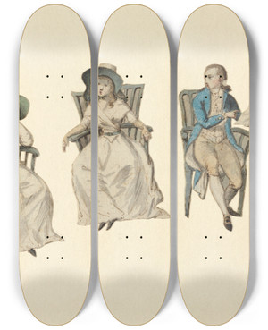 Triptych art skateboard deck of Matthew Haughton Author Reading From A Manuscript To Four Ladies by Matthew Haughton