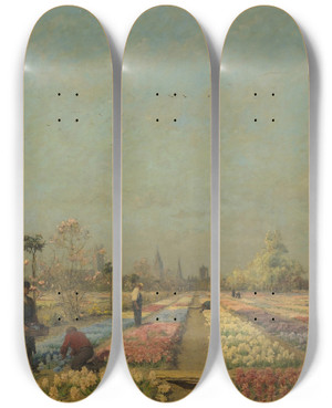 Triptych art skateboard deck of Adrienlouis Demont Tulip Fields by Adrien-Louis Demont (1851-1928)