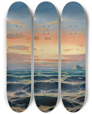Triptych art skateboard deck of Max Jensen Sailing Ship By The Coast In The Evening Light_2 by Max Jensen (1860-1907)