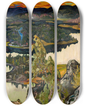 Triptych art skateboard deck of Helmer Osslund Autumn Evening Nordingr by Helmer Osslund (1866-1938)