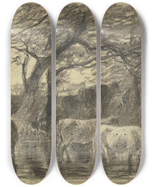 Triptych art skateboard deck of Friedrich Voltz Cows Drinking by Friedrich Voltz (1817-1886)