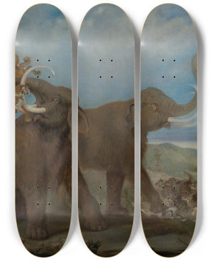 Triptych art skateboard deck of Benjamin Waterhouse Hawkins Attack In Pleistocene England by Benjamin Waterhouse Hawkins