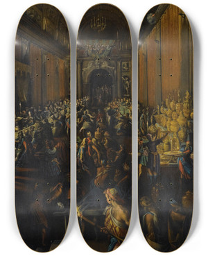 Triptych art skateboard deck of Frederik Van Valckenborch Belshazzars Feast by Frederik Van Valckenborch (1566-1623)