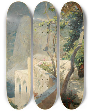 Triptych art skateboard deck of Othmar Brioschi Capri by Othmar Brioschi (1854-1912)