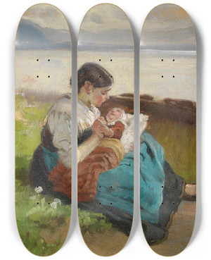 Triptych art skateboard deck of Karl Raupp Mutter Mit Kind Am Ufer Des Sees by Karl Raupp (1837-1918)