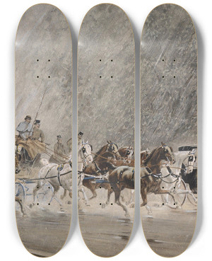 Triptych art skateboard deck of Heinrich Gottfried Wilda Kutschenfahrt Im Regen by Heinrich Gottfried Wilda (1862-1911)