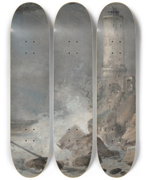 Triptych art skateboard deck of Louis Gabriel Moreau The Lighthouse Le Grandphare by Louis Gabriel Moreau (1740-1806)
