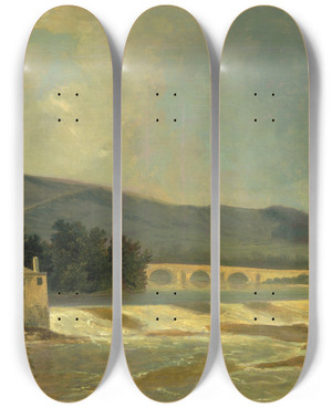 Triptych art skateboard deck of William Hodges Otley Bridge On The River Wharfe by William Hodges (1744-1797)