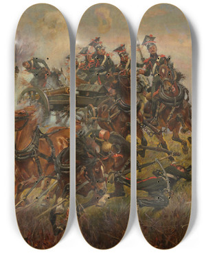 Triptych art skateboard deck of Wojciech Kossak Battery On Fire Raszyn by Wojciech Kossak (1857-1942)