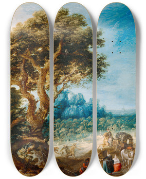 Triptych art skateboard deck of Jacob Van Geel Landscape With A Carriage Holdup by Jacob Van Geel (1585-1648)