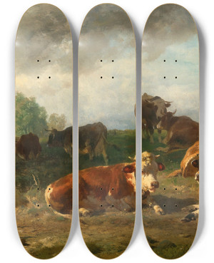 Triptych art skateboard deck of Anton Braith Cattle Resting On The Lakeside by Anton Braith (1836-1905)