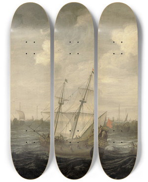 Triptych art skateboard deck of Cornelis Beelt The Dutch Herring Fleet Under Sail by Cornelis Beelt (1630-1702)