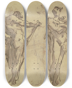 Triptych art skateboard deck of Gaspare Diziani Five Statues by Gaspare Diziani (1689-1767)
