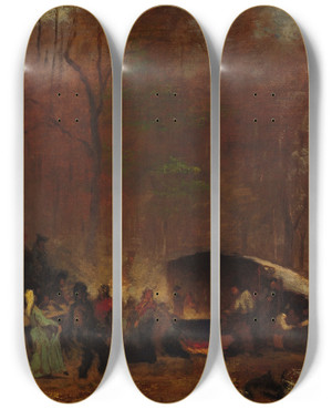 Triptych art skateboard deck of Eastman Johnson A Different Sugaring Off by Eastman Johnson (1824-1906)