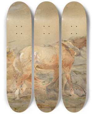Triptych art skateboard deck of Adolf Schreyer Abandoned Marshes Of The Danube by Adolf Schreyer (1828-1899)