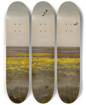 Triptych art skateboard deck of Jozef Chelmonski Cowslips by Jozef Chelmonski (1849-1914)